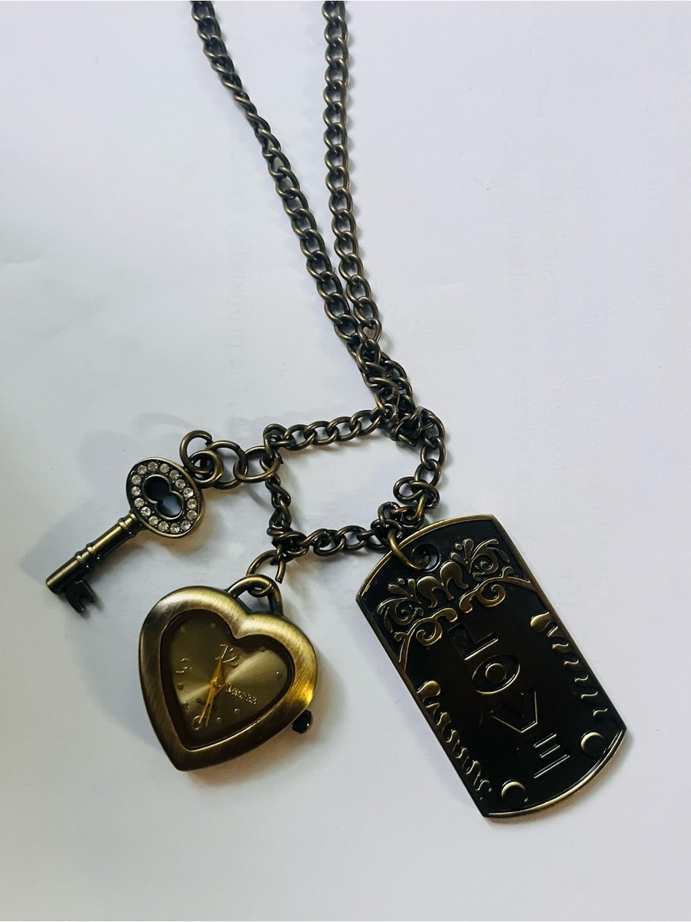 Vintage-Inspired Bronze Heart Locket Necklace with Key & Dog Tag Charms